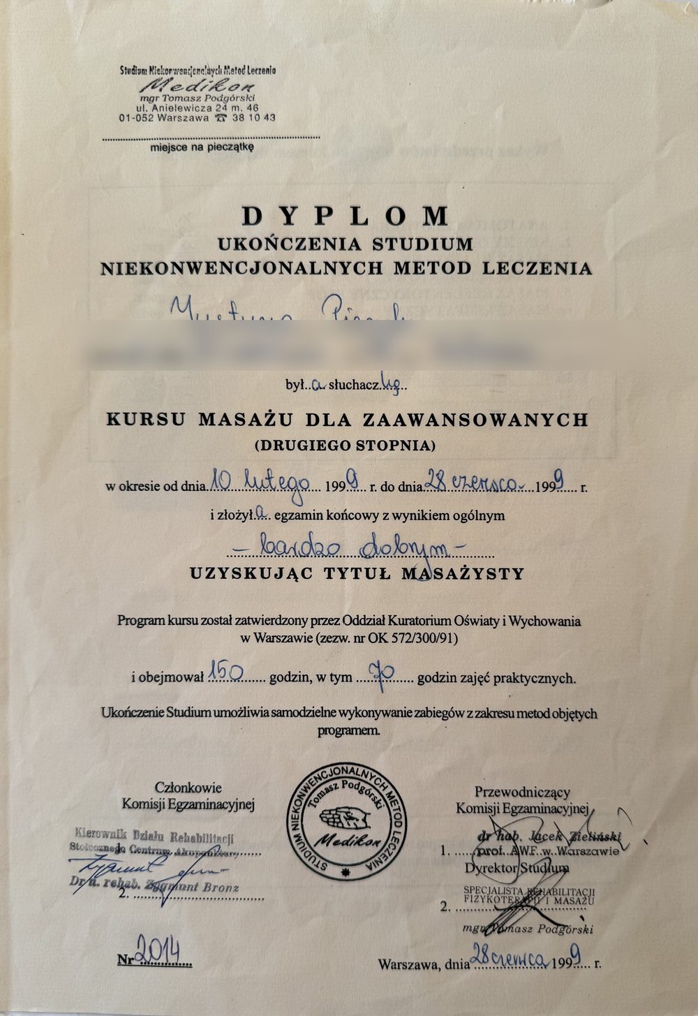 Dyplom ukończenia kursu masażu dla zaawansowanych