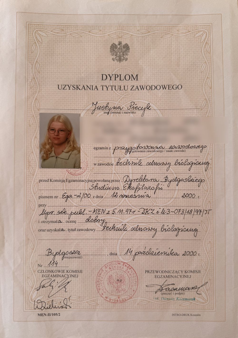 Dyplom uzyskania tytułu zawodowego technik odnowy biologicznej